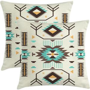 Boho Southwest Pillow Covers 16 x 16 Inch Western Native American Brown Turquoise Geometry Decorative Throw Pillows Aztec Southwestern Pillowcase for Couch Bed Outdoor Decor, Set of 2