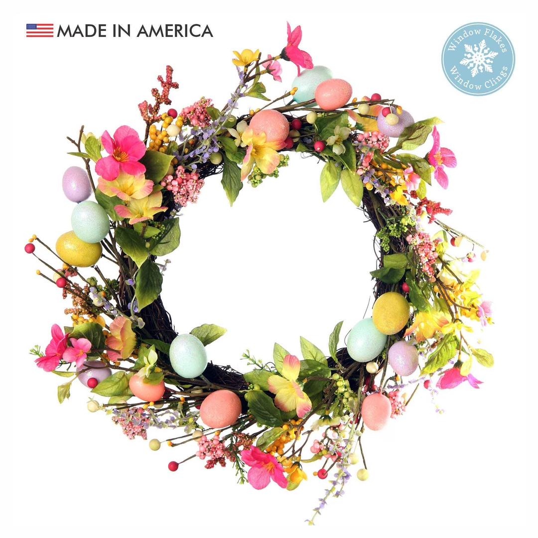 Floral Vinyl Easter Wreath Window Cling Decal. 12 Inch. Reusable. Double Sided