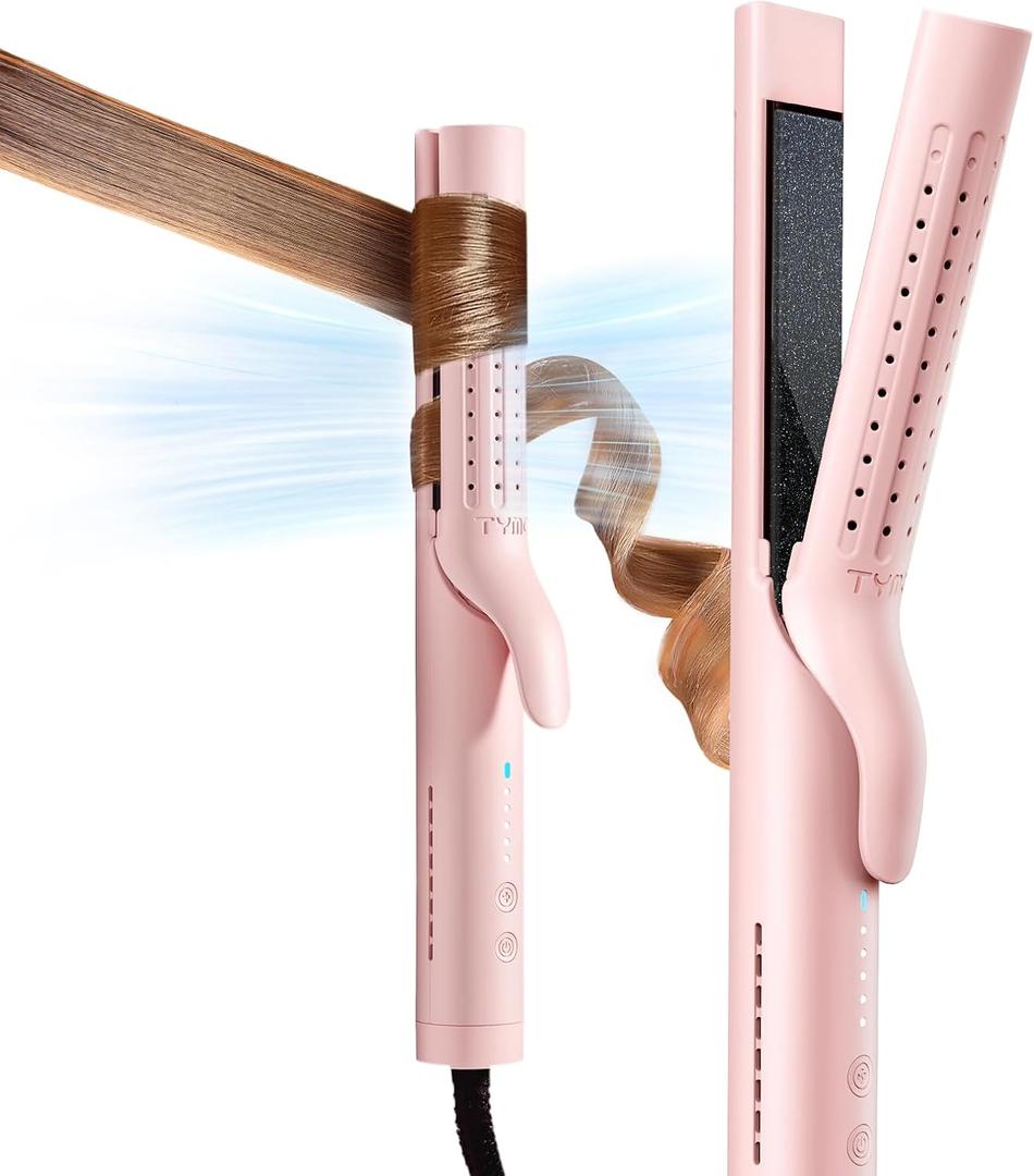TYMO Airflow Curling Iron for Lasting Curls - Flat Iron Hair Straightener and Curler 2 in 1, Anti-Scald Ionic Curling Wand 1.25 Inch, 360 Cool Air, 5 Temps & Dual Voltage for Long Short Hair, Pink