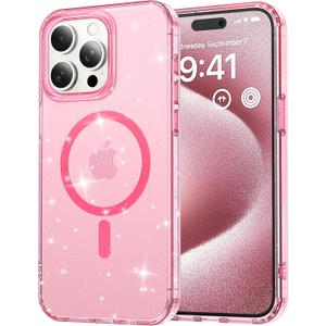 Clear Glitter Case for iPhone 15 Pro Case Magnetic Women Girls Bling Sparkly Luxury Slim Cover Shockproof Case for iPhone 15 Pro 6.1",Pink Glitter