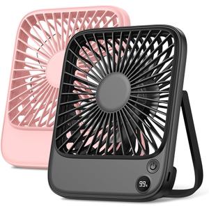 TOPK 2 Pack 5000mAh Portable Desk Fan, Ultra-thin Strong Wind Digital Display 4 Speeds Adjustable Small Quiet Battery Powered Personal Travel Fan for Bedroom, Office, Cruise, Library, Outdoor (Black & Pink)