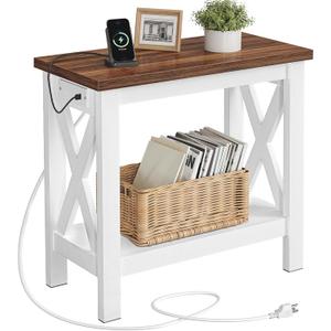 HOOBRO End Table with Charging Station, Farmhouse Narrow Side Table, 2-Tier with Storage Shelves, Slim Nightstand for Small Spaces, Living Room, Bedroom, White and Walnut WH360UBZ01