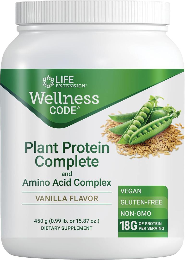 Life Extension Wellness Code Plant Protein Complete & Amino Acid Complex (Vanilla), Plant-Based Protein Powder Plus branched-Chain Amino acids, Gluten-Free, Non-GMO, Vegetarian, 450 Grams