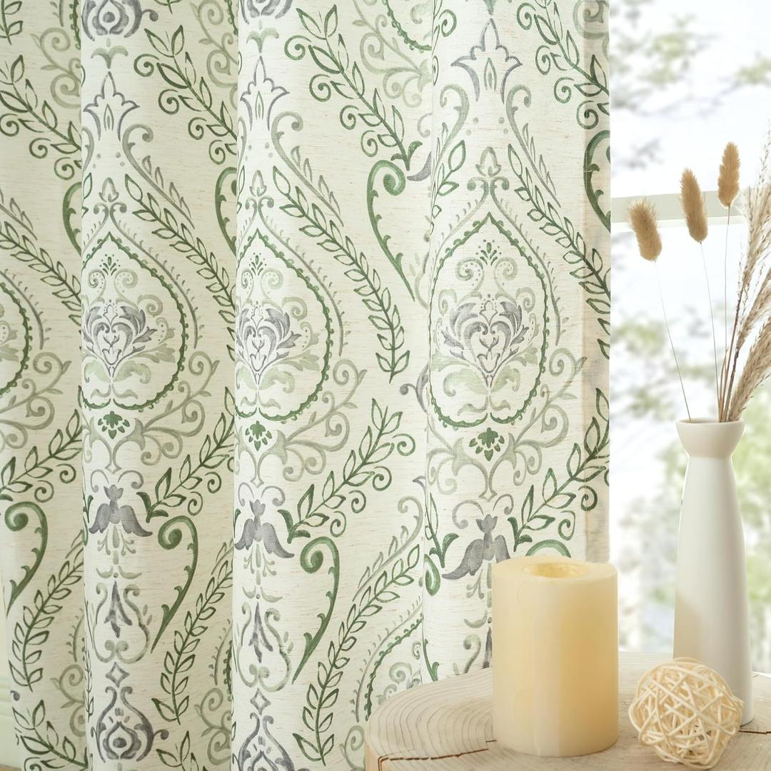 LAMIT Teal Linen Curtains 108 inches Long for Living Room, Long Farmhouse Curtains Grommet Light Filtering Pattern Window Curains & Drapes Vintage Floral Printed, 2 Panels, Each 52 x 108 Inch