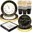 168pcs Happy New Year Party Supplies, Black and White Paper Plates Napkins Cups and Transparent Gold Cutlery for 24 Guests, 2026 New Year Disposable Tableware Supplies for Party Decorations