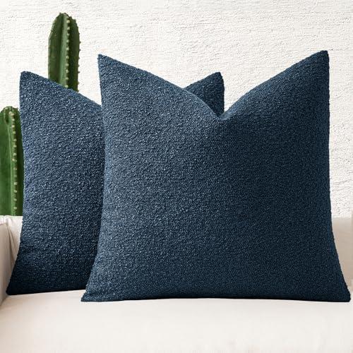 MIULEE 24x24 Inch Decorative Euro Sham Pillow Covers for Couch Bed Set of 2 Textured Boucle Neutral Throw Pillow Covers Navy Blue Accent Solid Pillowcases Sofa Living Room Home Decor