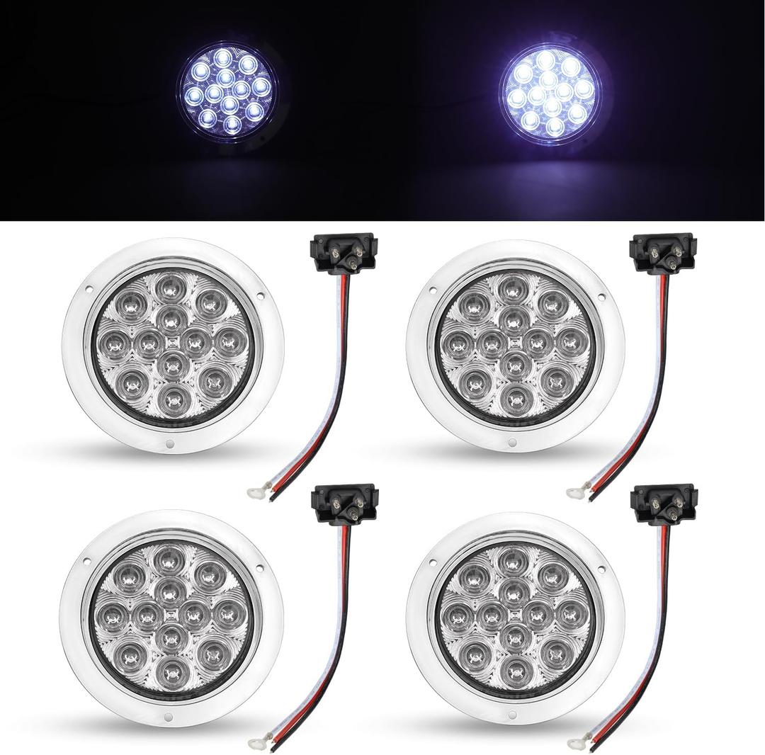 TMH 4 Inch 4 Pcs White 12 LED F3 Piranha Round Indicator Tail Lights Reverse for Caravan Cabin Bus Trailer Tow Dump ATV Heavy Duty Truck with Chrome Bezel 12V DC GAC12