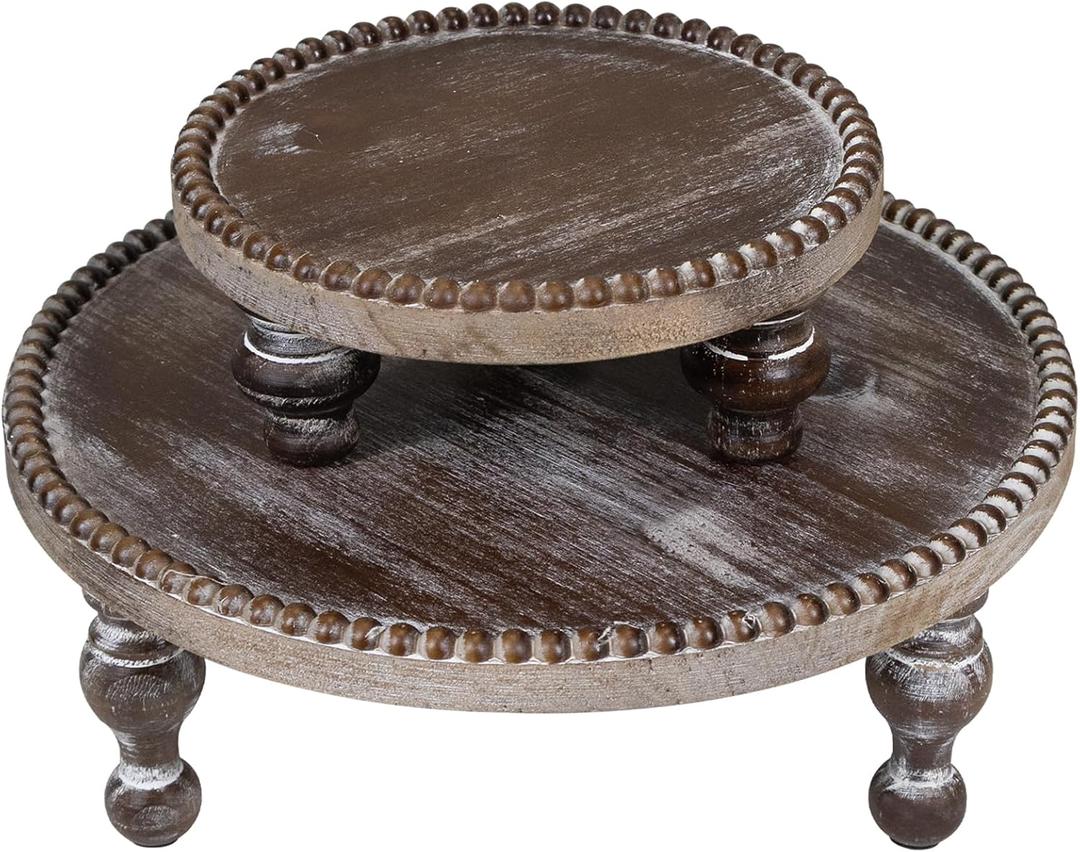 MAONAME 2 Pcs Set Farmhouse Wood Riser for Display, Decorative Pedestal Stand for Kitchen Counter, Rustic Round Beaded Wooden Display Tray, Cupcake Display for Cakes, Home Decor, 11.8/7.5 inches