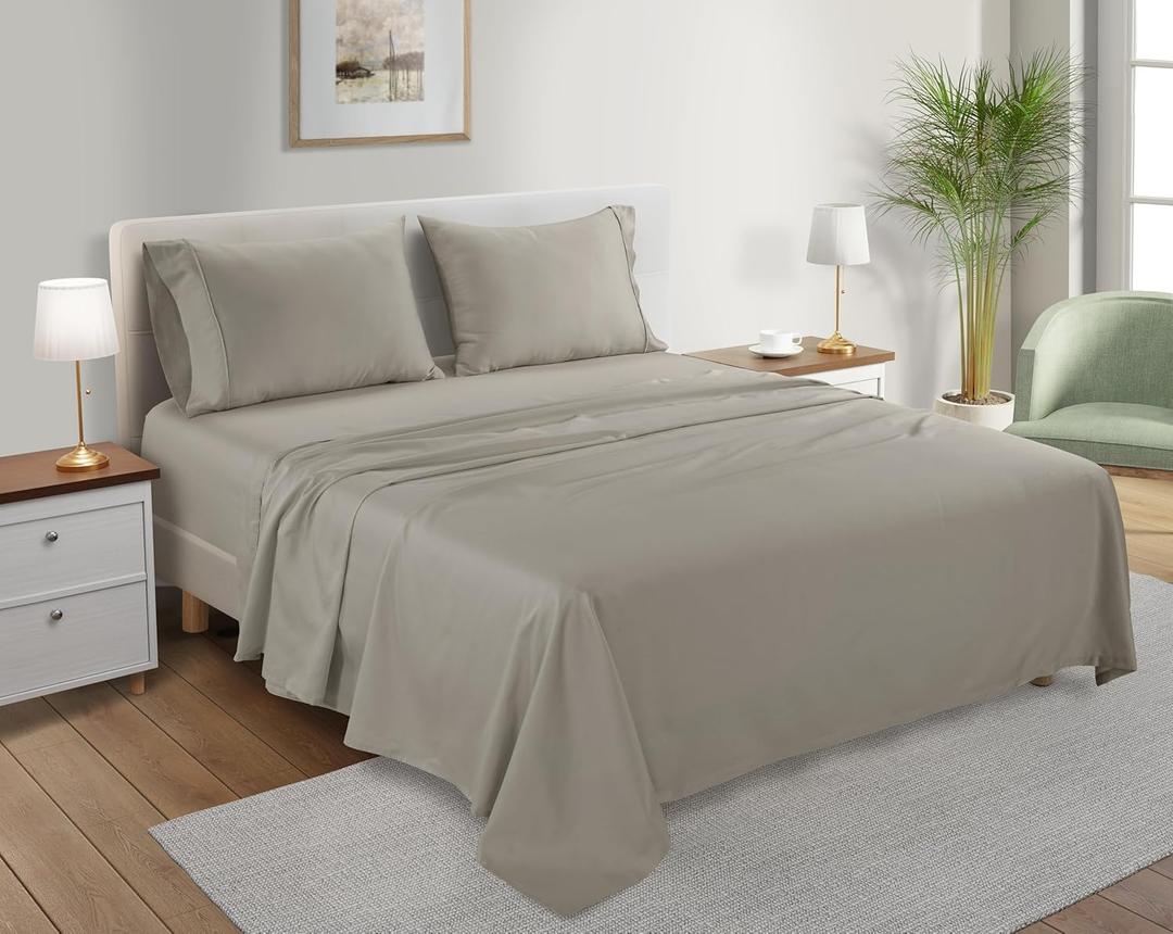 Organic Cotton Sheets Queen Size Bed Set Deep Pockets, 4PC Cotton Queen Sheet Set, Soft Breathable Sateen Weave Elasticated Sheet & Pillowcase Sets, No Pill & Shrink, Machine washable- Silver