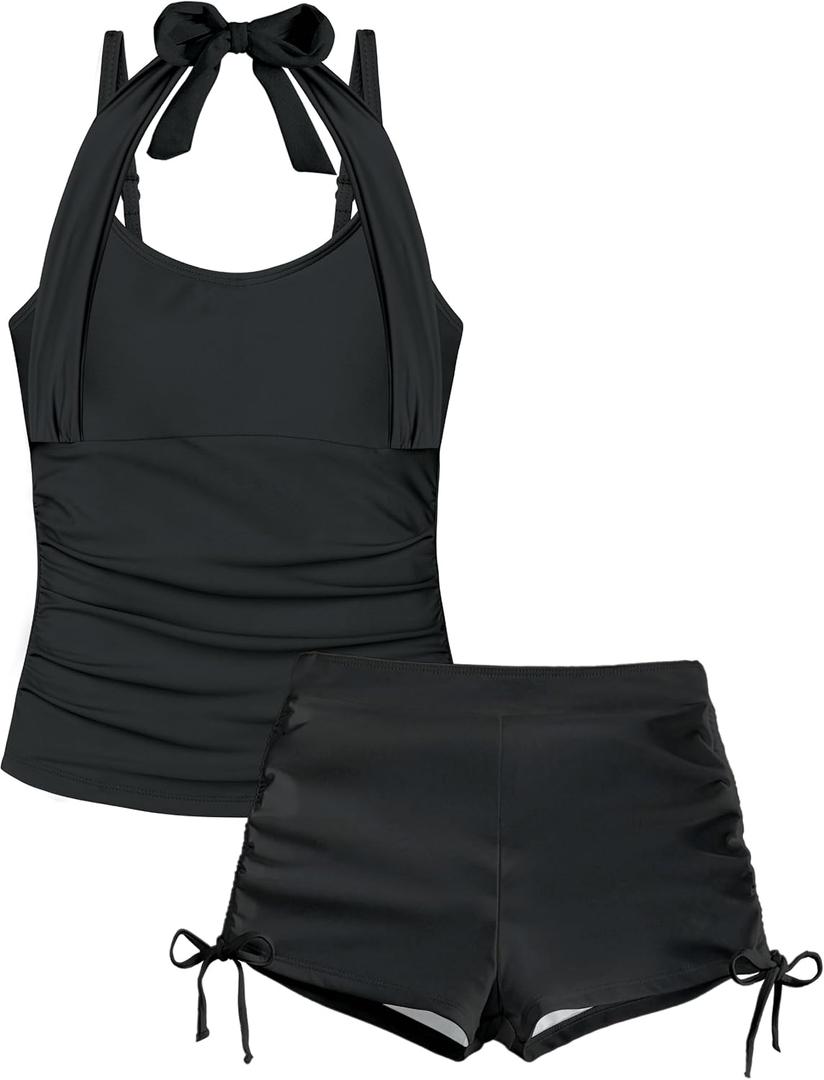 Girls Swimsuit 2 Piece Halterneck Girls Tankini Swimsuit Drawstring Printed Swim Shorts Girl Bathing Suit for 7-16T (13-14 Years)