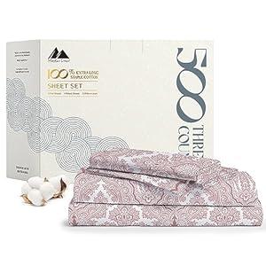 500 Thread Count Bed Sheets 100% Egyptian Cotton Sheets Set - Paisley Blush Long-Staple Cotton Twin XL Sheet for Bed, Fits Mattress Upto 16'' Deep Pocket, Soft & Silky Sateen Weave Sheets