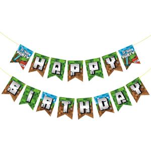 Pre-Strung Game Theme Happy Birthday Banner - NO DIY - Video Gaming Pixel Party Decoration Favors Background Photo Props Birthday Party Supplies Birthday Garland Pennant Hanging Wall Decor for Boys Girls (Green)