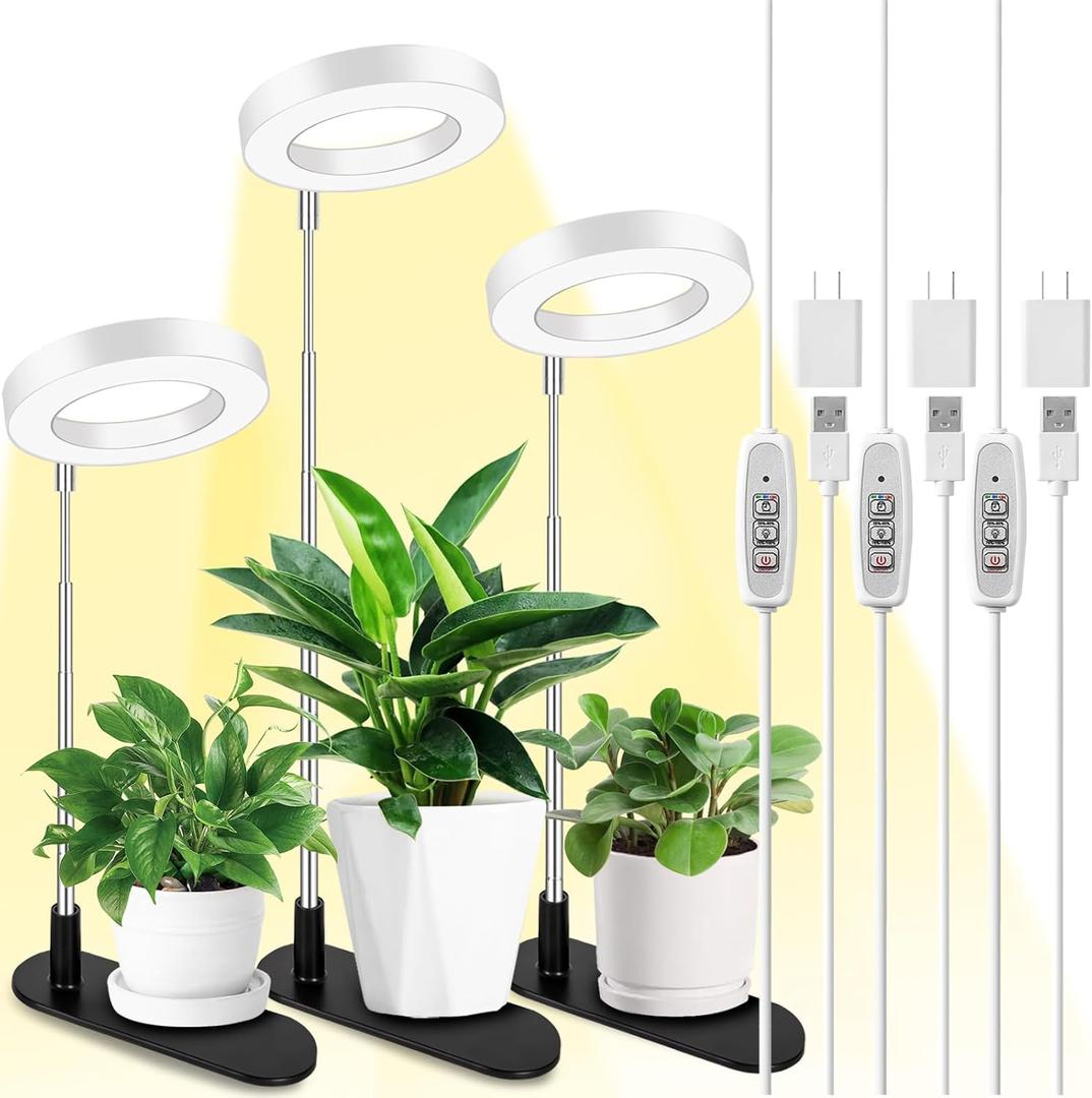 LORDEM Plant Grow Light, Full Spectrum Halo Desk Light, Height Adjustable 7.8"-26", LED Growing Lamp, Automatic Timer 4H/8H/12H, 4 Level Dimmable, Ideal for Indoor Plants, White, 3 Pack