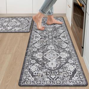 Ileading Anti Fatigue Kitchen Rugs Sets of 2 Cushioned Kitchen Mats for Floor Waterproof Kitchen Mat Set Non Slip Comfort Standing Mat for Kitchen, Office, Sink, Laundry (17"x47"+17"x28"-0.4", Black/Grey)