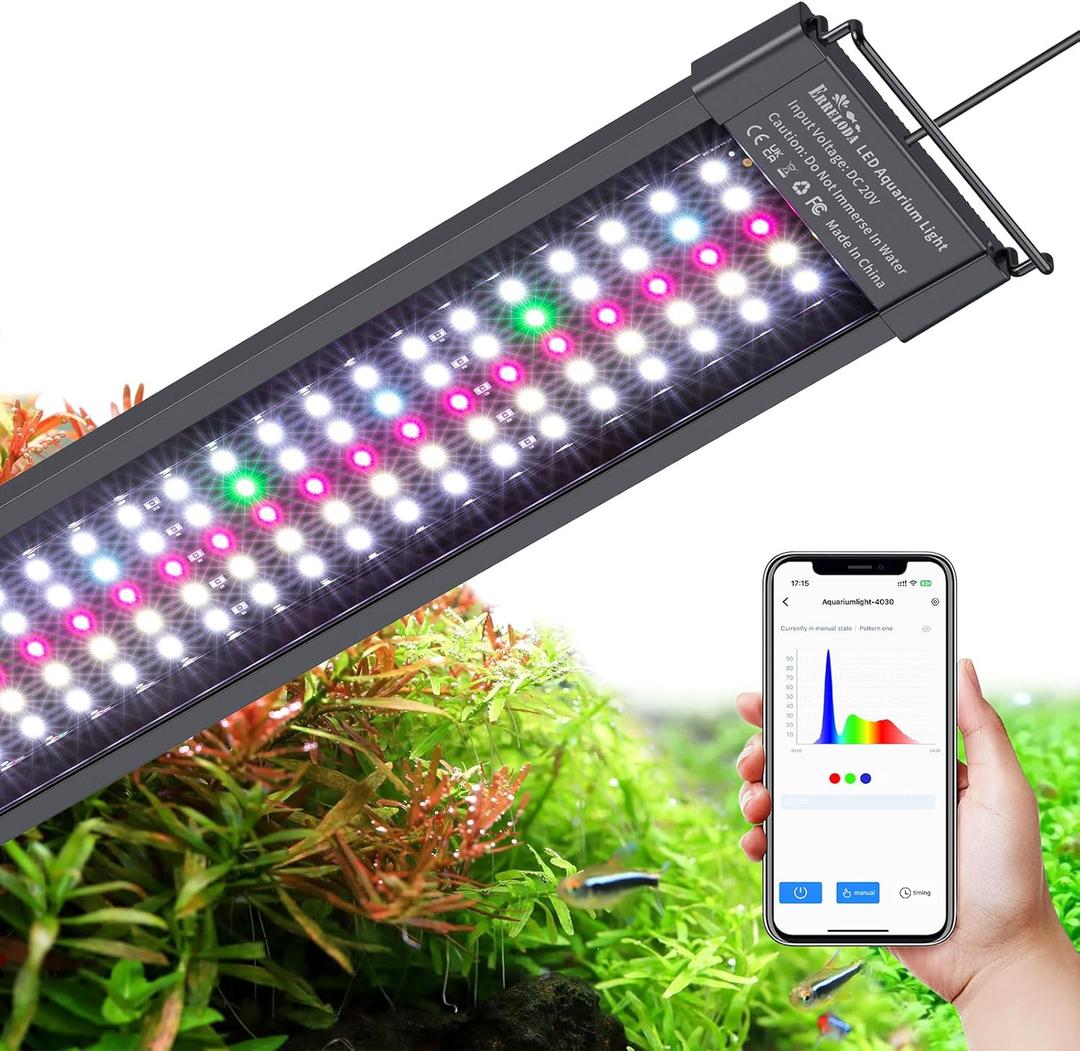 Bluetooth LED Aquarium Light with APP Control, 3 Modes for 12-18 Inch Fish Tank Light with Full Spectrum White Blue Red Green Lights, IP68 Waterproof with Extendable Brackets for Freshwater