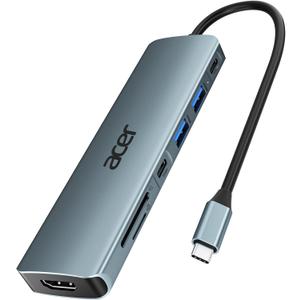 Acer USB C Hub, 7 in 1 USB C to HDMI Splitter, 2 USBA 3.1 GEN1 and 5Gbps Type-C Data Port, Type C Adapter with 4K HDMI Port, PD 100W Charging, SD Card Reader, for Laptop, PC, Desktop and More (Space grey)