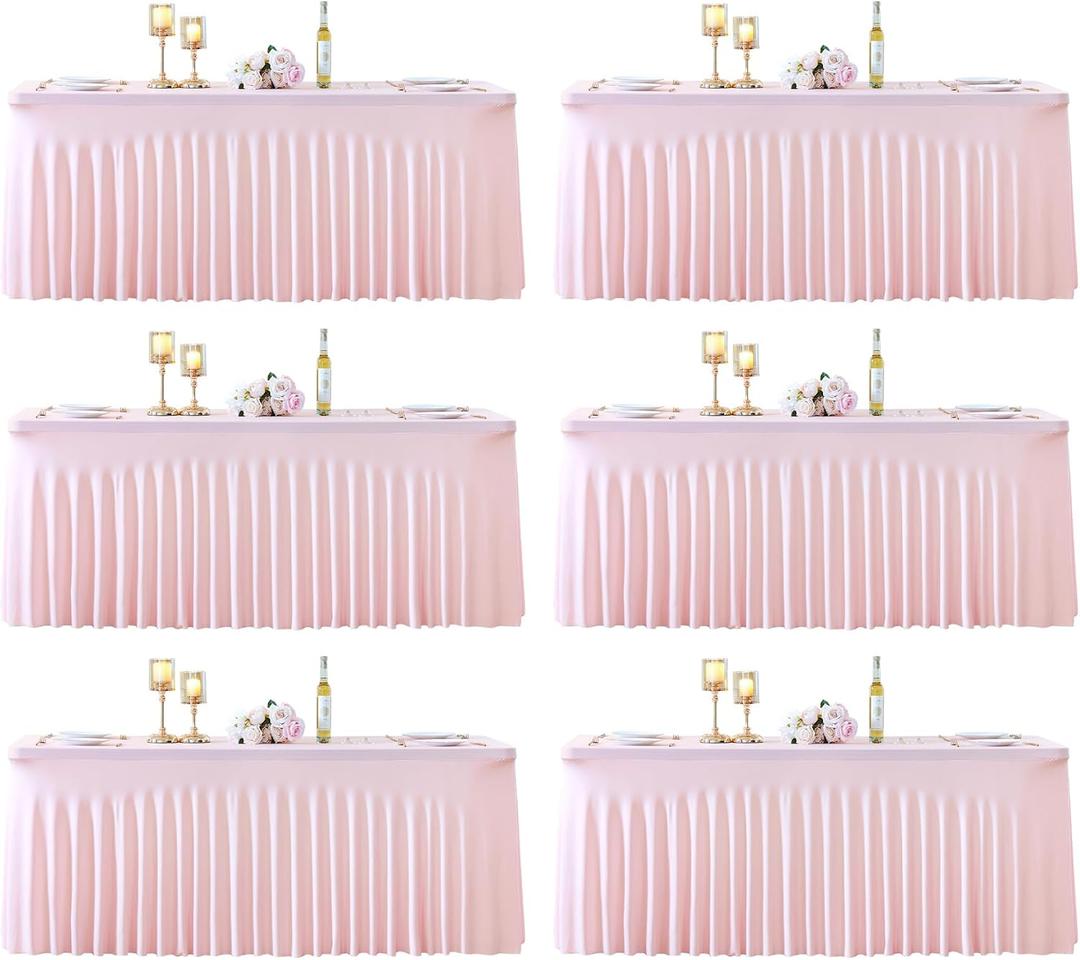 6 Pack Pink Spandex Tablecloths for Rectangle Tables 6 Foot Pink Stretch Table Cloth Rectangle 6ft Elastic Fitted Table Cover with Skirt for Wedding Baby Shower Girl Birthday Party Banquet Buffet, 72" x 30"