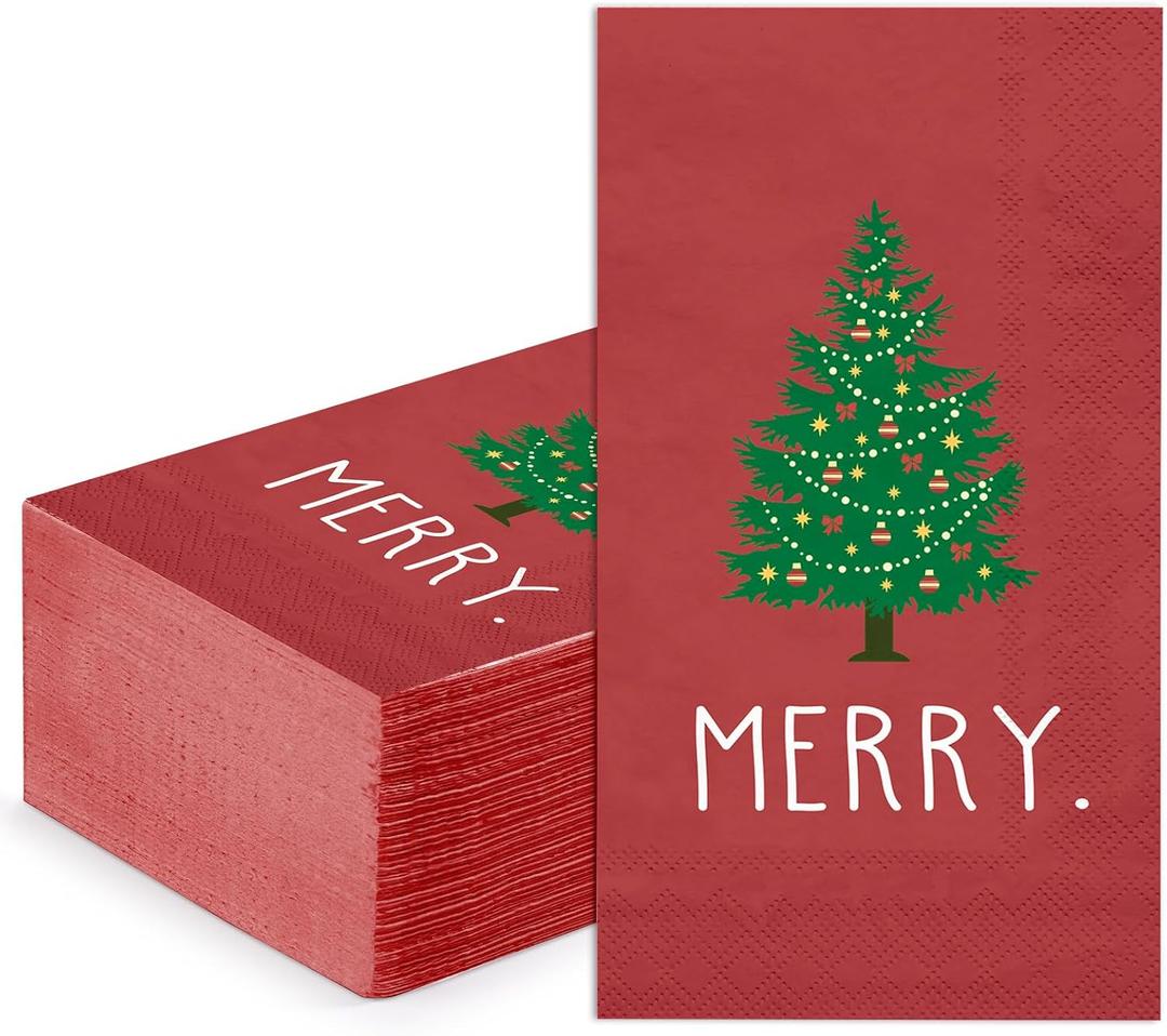 WRAPAHOLIC 50Pcs Christmas Paper Napkins - 3 Ply Merry Xmas Tree Pattern Guest Disposable Hand Towels for Bathroom, Christmas, Holiday, Party Celebration - 4.3 x 7.9 In