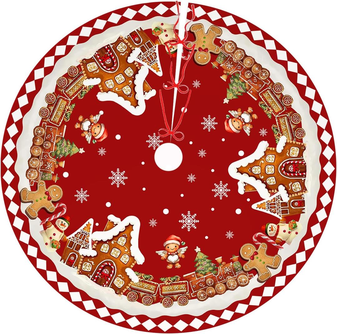 Red Gingerbread Christmas Tree Skirt Decorations House Decor Christmas Gingerbread Tree Ornaments Holiday Party Indoor Outdoor Xmas Trees Mat 36 inches