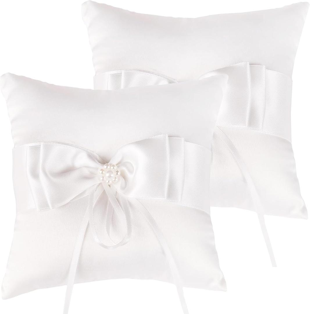 QIRMIZI 2 Pack Ring Pillow,Pearls Ring Cushion, Ring Bearer, Ring Holder for Beach Wedding, Wedding Ceremony, Proposal