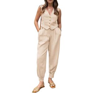 PRETTYGARDEN 2 Piece Sets for Women Summer 2026 V Neck Button Front Cropped Tank Tops Vest Pockets Pants Spring Matching Set XS