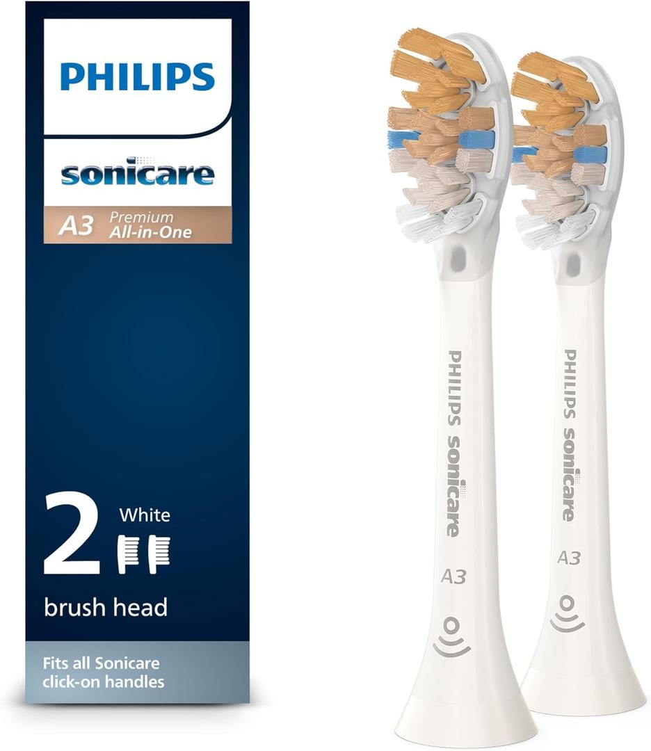 Philips Sonicare A3 Premium All-in-One, Genuine Replacement Toothbrush Heads, White, 2 Pack, HX9092/65 (2 Count (Pack of 1), White)