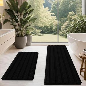 ACCUMTEK Striped Black Bathroom Rug Mat Set 2 Piece 24"x17"+48"x20" Ultra Soft, Non Slip Chenille Bath Rugs, Absorbent Plush Shaggy Bath Mats for Bathroom, Bedroom, Kitchen, Shower, Tub