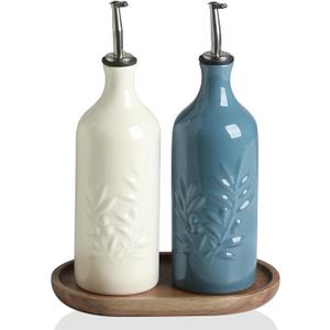 Sweejar Ceramic Olive Oil Dispenser Bottle, 20 Oz Relief Opaque Oil Cruet Protects To Reduce Oxidation, Suitable for Storage Vinegar, Soy Sauce,Liquids,Set of 2 (BeigeFogblue)
