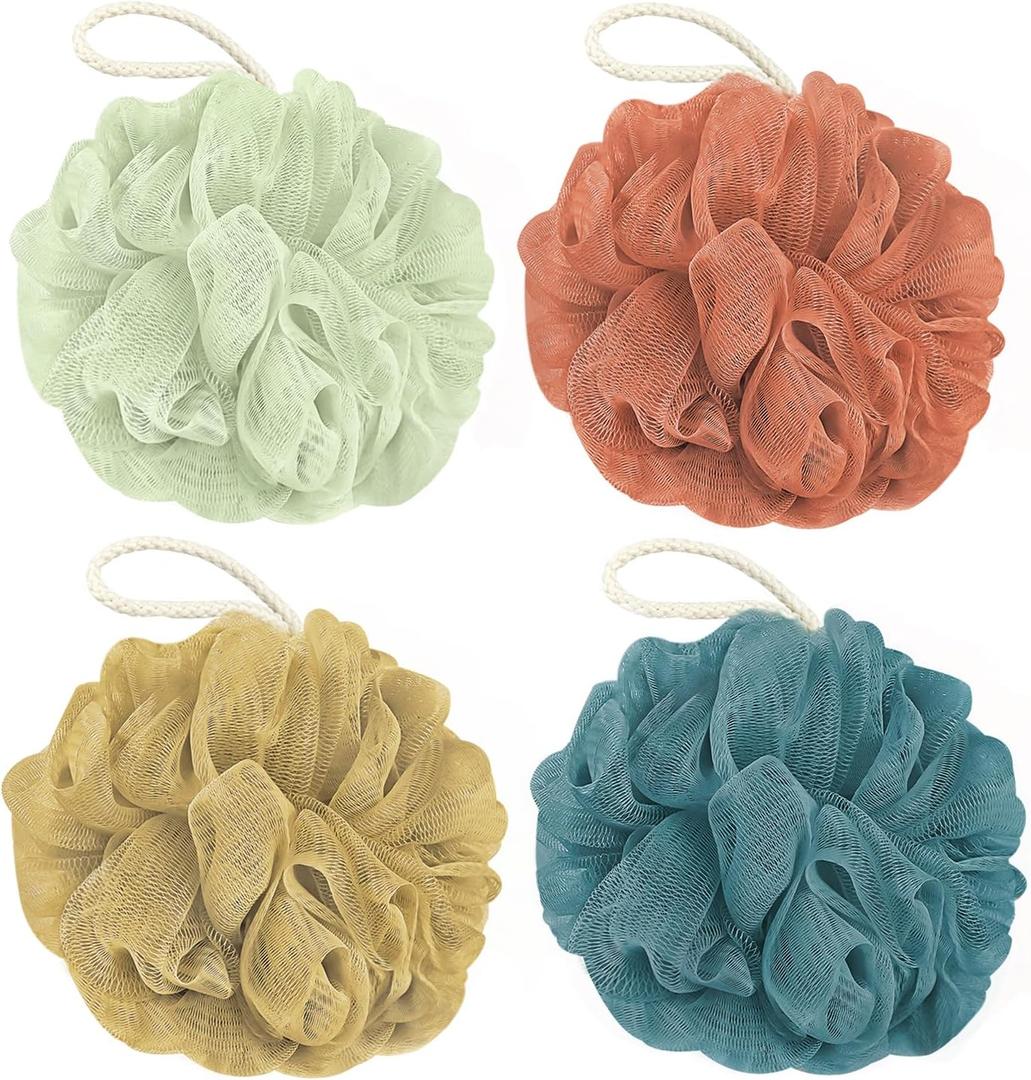 Rnoafmu Shower Loofah Bath Sponge, 60G Loofah Exfoliating Body Scrubber, 4 Color Mesh Shower Pouf Balls for Body Wash (Yellow Red Green Blue)
