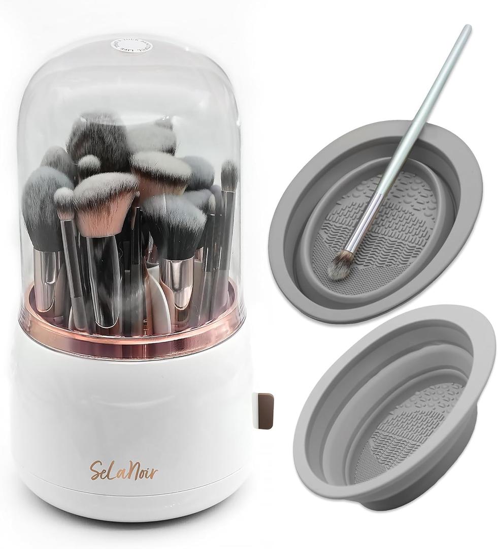 Rotating Makeup Brush Holder with Lid  Dustproof Vanity Organizer for Makeup Brushes, Bonus Foldable Makeup Brush Cleaner Bowl Included, Elegant White Storage Solution