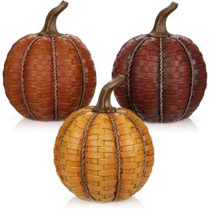 6 Inch Large Artificial Pumpkins, 3 Pcs Fall Pumpkin Decor Orange Clay Brown Dark Red Faux Resin Pumpkins Woven Pumpkin Centerpiece for Rustic Farmhouse Fall Thanksgiving Autumn Harvest Table Decor