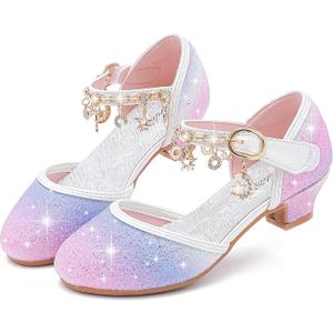 Furdeour Girls Dress Shoes Princess Crystal High Heels Closed Toe Party Wedding Flower Girls Shoes Toddler Little Big Kid (Purplestarry)