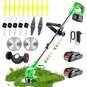 Electric Weed Wacker Cordless, with 2 X 21V 2.0Ah Battery Powered, 3 in 1 Stringless Grass Trimmer/Mini Mower/Brush Cutter Cordless 4 Types of Cutting Blades, Brush Cutter for Lawn Yard Garden