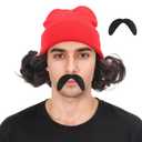 Fatmuai Short Curly Mens Red Beanie Halloween Costume Reallistic Cosplay and Performance Hair Wig with Black Mustache
