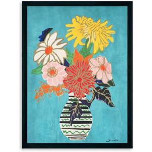 Yidepot Teal Gold Flowers Wall Decor - Vase Flower Boho Blue Floral Art Prints Fake Black Frame Colorful Art Work for Bedroom Walls 12"x15"-black wood frame