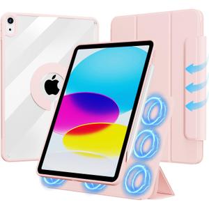 for iPad (A16) 11th Generation 11 Inch 2025/ 10th Generation 10.9 Inch 2022 Hybrid Case with Pencil Holder | Detachable Magnetic Cover | Portrait/Landscape Stand | Clear Hard Back, Pink