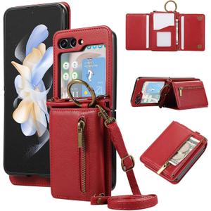 Compatible with Samsung Galaxy Z Flip 5 5G 2023 Wallet Case and Crossbody Shoulder Strap Ring Buckle Hinge Protection Stand Card Holder Phone Cover for ZFlip5 Z5 G Flip5 5Z Women Girls Men Red