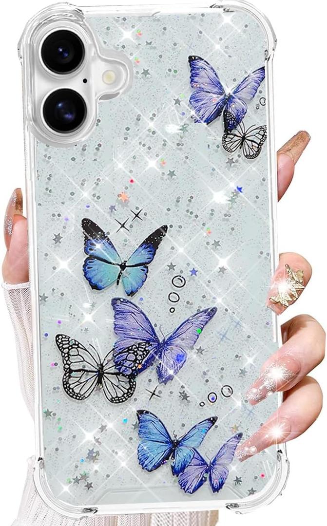Changjia for iPhone 17 Clear Glitter Case,Cute Girly Butterfly Bling Sparkle Shiny Stars Soft TPU Silicone Four Corners Shockproof Slim Protective Phone Cover for Women Girls for iPhone 17 6.3",Purple