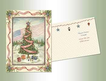 American Flag and Tree - Box of 16 Patriotic Christmas Cards,  5.5x7.75''