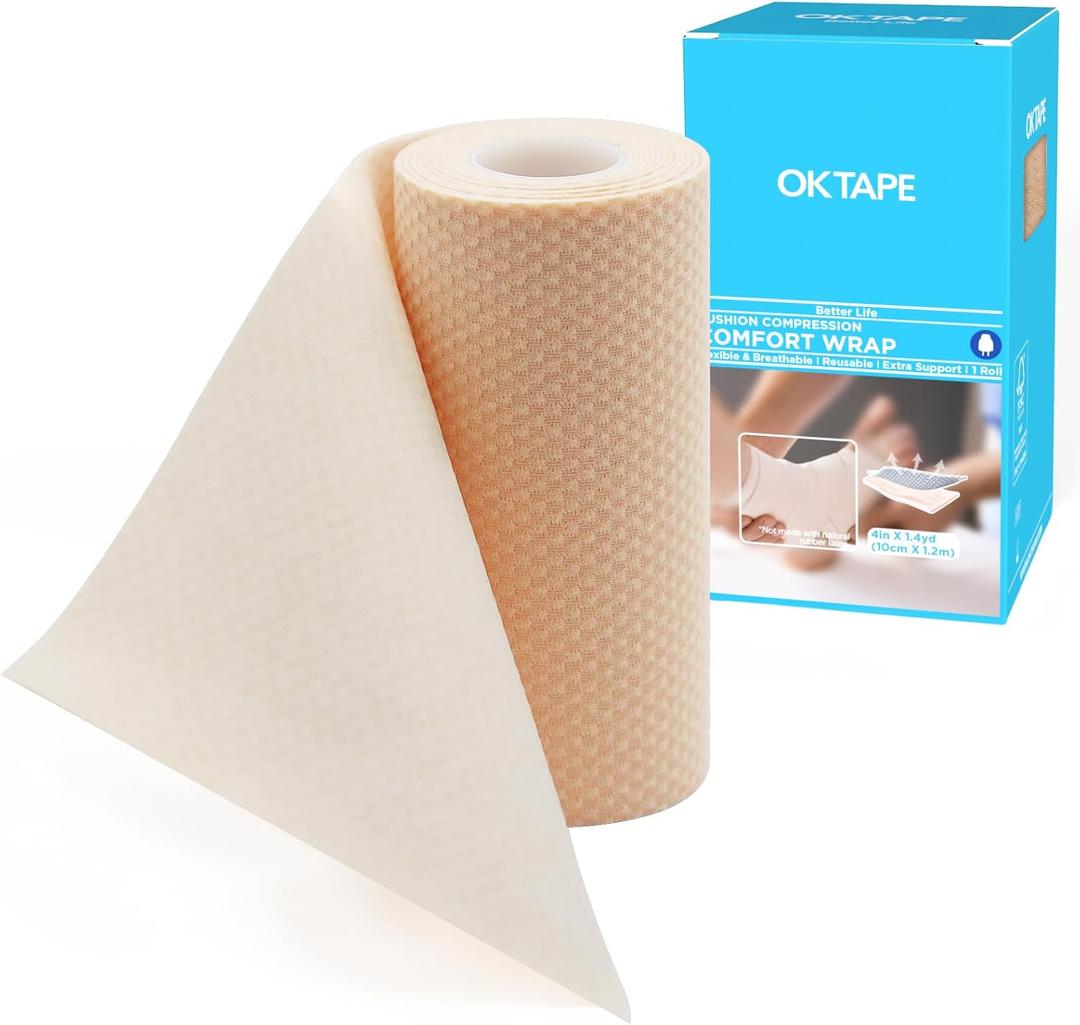 OK TAPE Short-Stretch Compression Bandage Wrap with Velcro, 2-Layer Comfort Wrap for Leg, Foot, Arm, Ideal for Use in Lymphoedema, Oedema, Latex Free - 4Inch x 4 Feet, 1 Roll (Beige)
