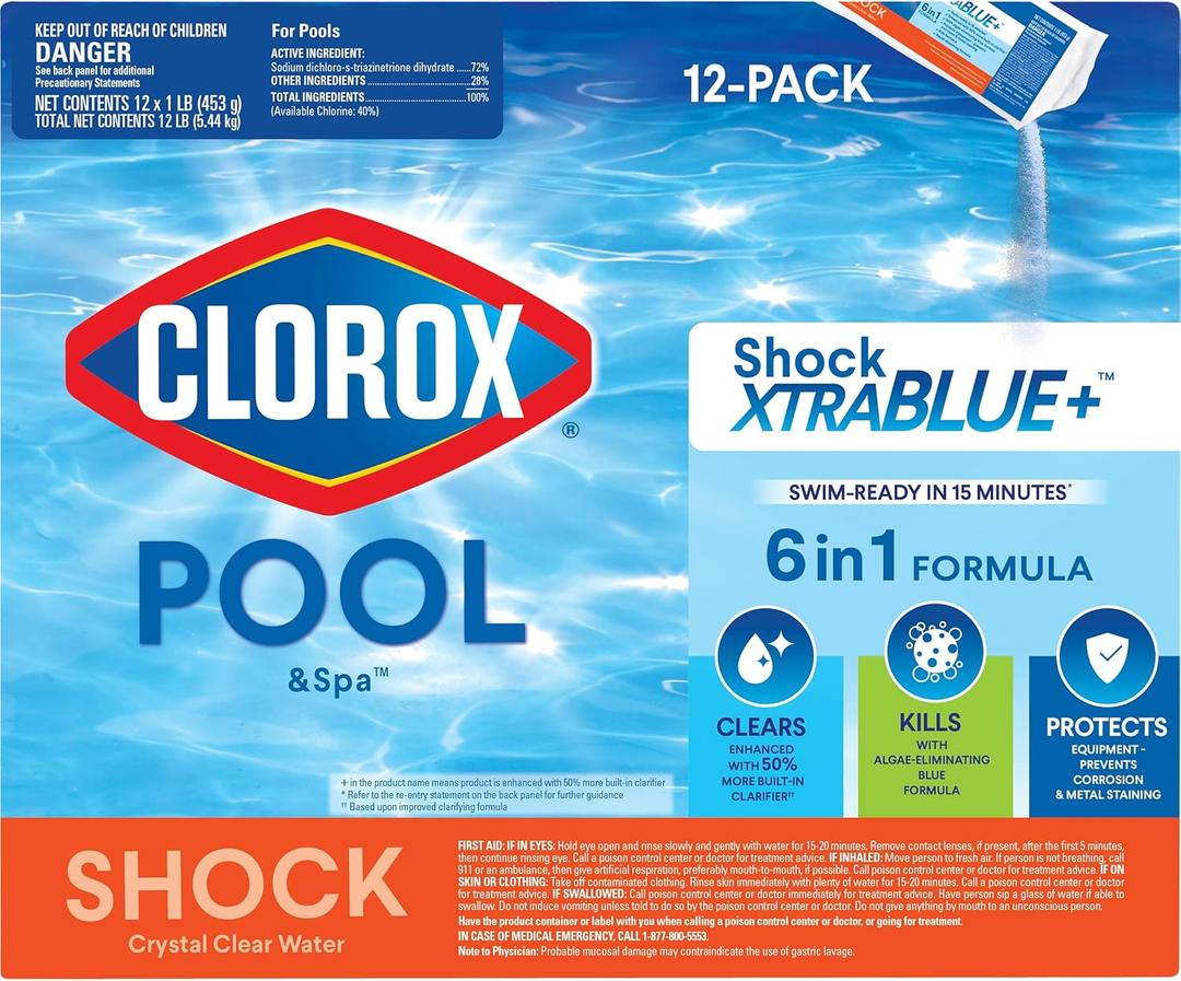 Clorox Pool&Spa Shock XTRABLUE Plus, Kills Bacteria & Algae in Swimming Pools, Swim-Ready in 15 Minutes, (12-Pack), Granular