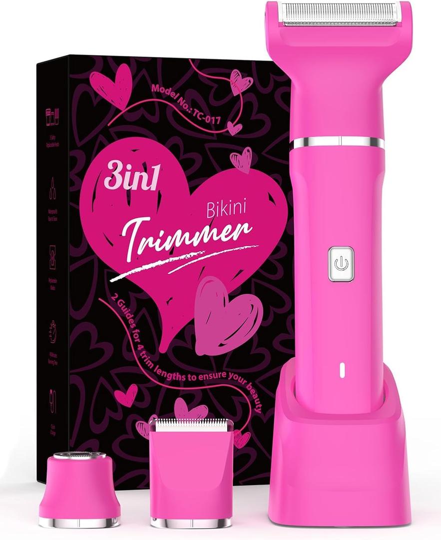 Bikini Trimmer for Women - IPX7 Waterproof Pubic Hair Remover for Shower & Travel, 3-in-1 Bikini Trimmer with Body/Round/Curved Heads, Hypoallergenic Foil & Ceramic Blades, Self-Care Gifts for Women, 3-IN-1 Hot Pink
