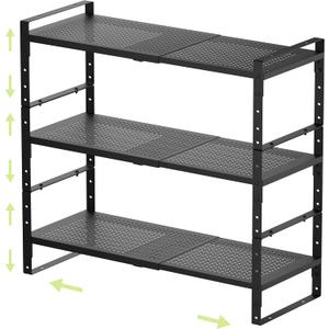 Expandable Shoe Rack Heavy-Duty Closet Organizer Adjustable Shelf Stackable Metal Framework for Entryway, Garage,RV,Pantry,Cabinet(Large,3 Packs/Black) (LARGE:10.24"D x 16.54"W x 7.88"H)