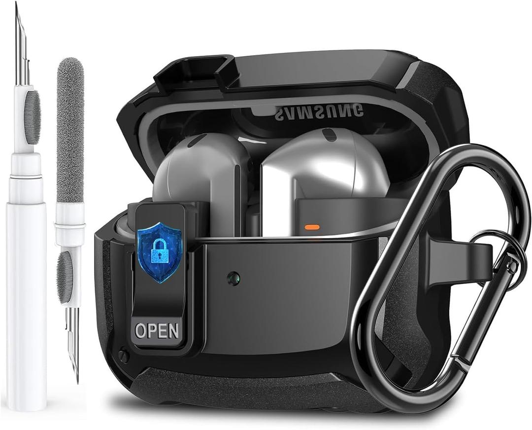 Galaxy Buds 3 Pro/3/3 FE Case Cover with Secure Lock Clip, Shockproof Samsung Galaxy Buds3/3 Pro 2024/3 FE 2025 Protective Hard Cover Shell with Carabiner&Cleaner kit for Men Women, Black