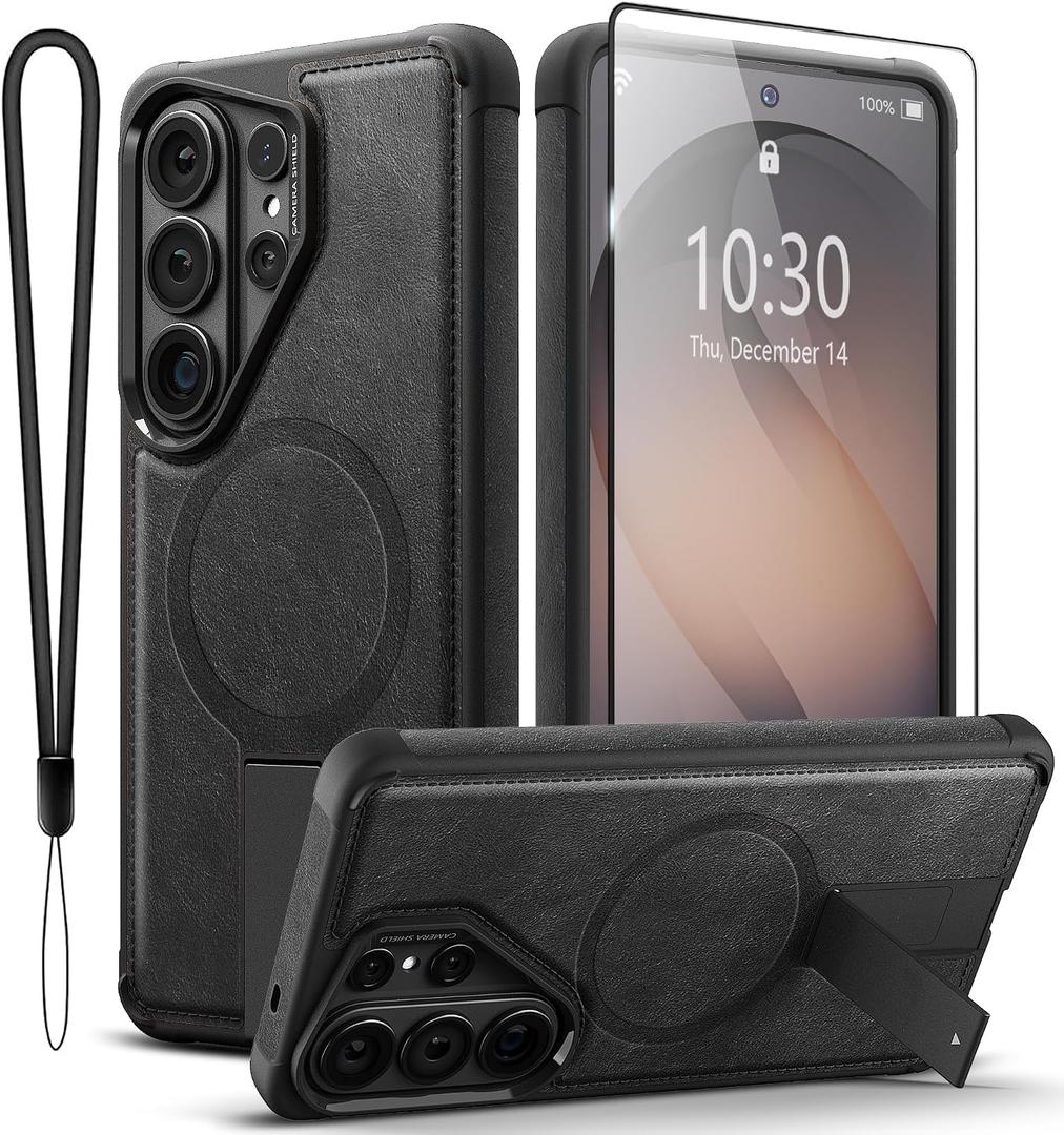 for Samsung Galaxy S26 Ultra Case, Premium Vegan Leather Magnetic Cover with Built-in Invisible Kickstand, Full Camera Lens & S Pen Protection, Slim Shockproof Phone Case 6.9" - Black
