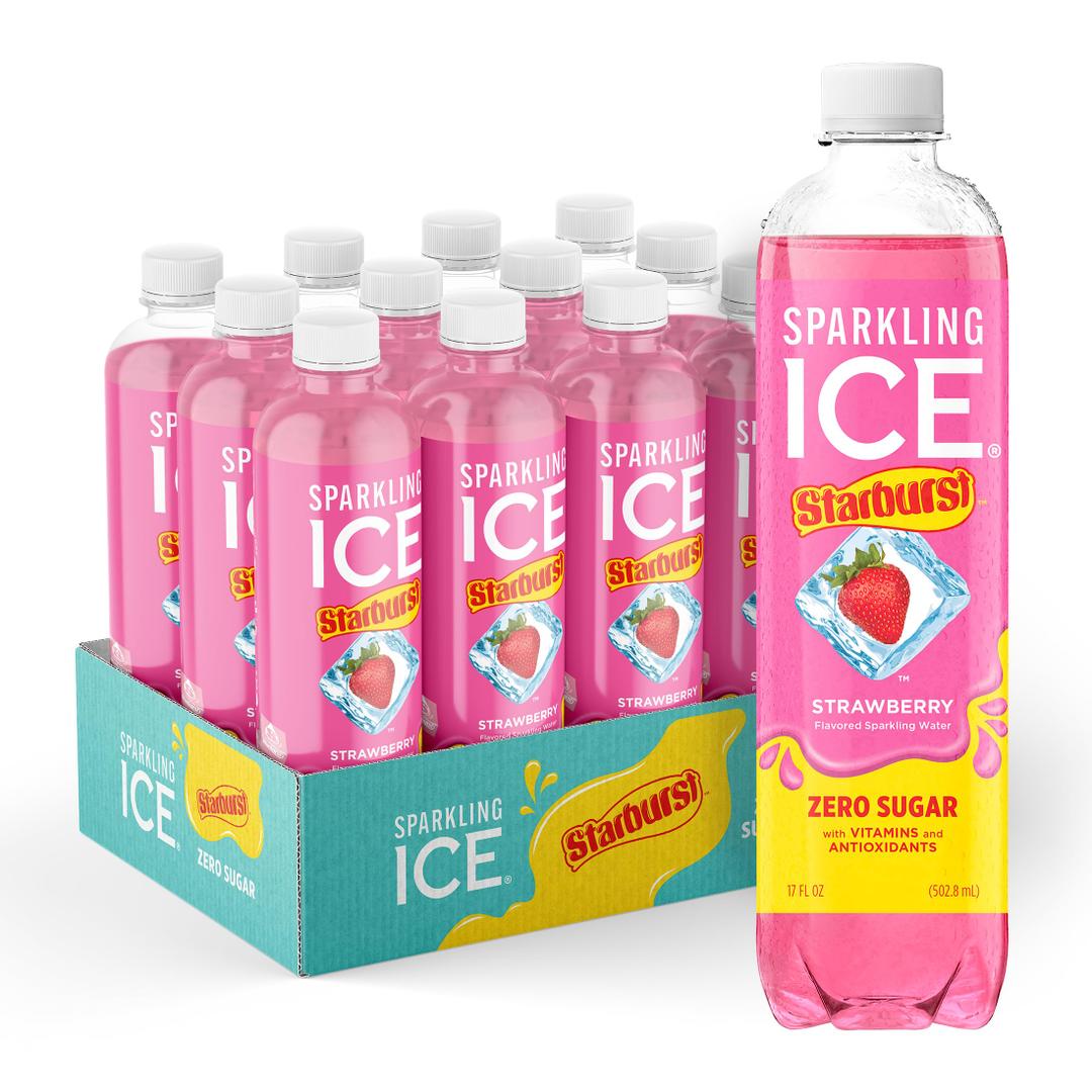 Sparkling Ice STARBURST Strawberry, Zero Sugar Flavored Sparkling Water, with Vitamins and Antioxidants, Low Calorie Beverage, 17 fl oz Bottles (Pack of 12), BBD 02/02/25