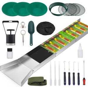NEWTRY Complete Gold Panning Kit 27pcs Gold Mining Equipment with 50" Folding Sluice Box, Gold Pan & Accessories Portable Aluminum Alloy Mining Equipment for Beginner Prospectors