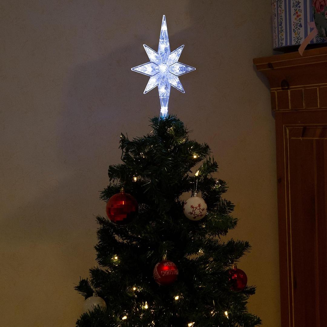 Alpine Corporation 13" Tall Snowflake 8-Point Tree Topper with 11 Cool White LED Lights, Christmas Decoration with Timer Function, and Radiant Glow for Holiday Trees