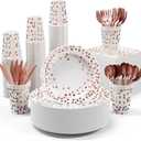 White and Rose Gold Party Supplies - 350 PCS Disposable Dinnerware Set - White Paper Plates Napkins Cups, Gold Plastic Forks Knives Spoon for Graduation, Birthday, Thanksgiving, Cocktail Party