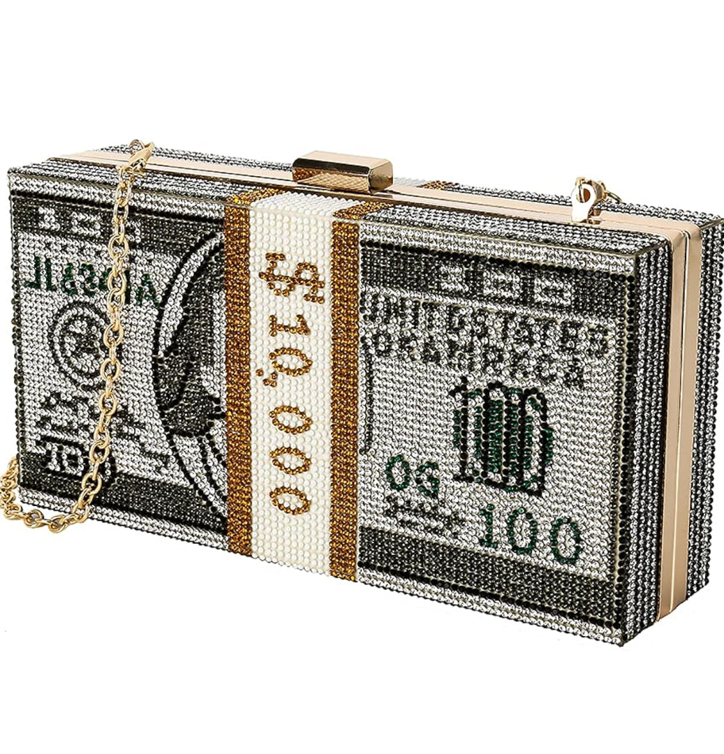 Classic Dollar Style Evening Bags With Diamond Shoulder Bag Wallet Clutch, Gray